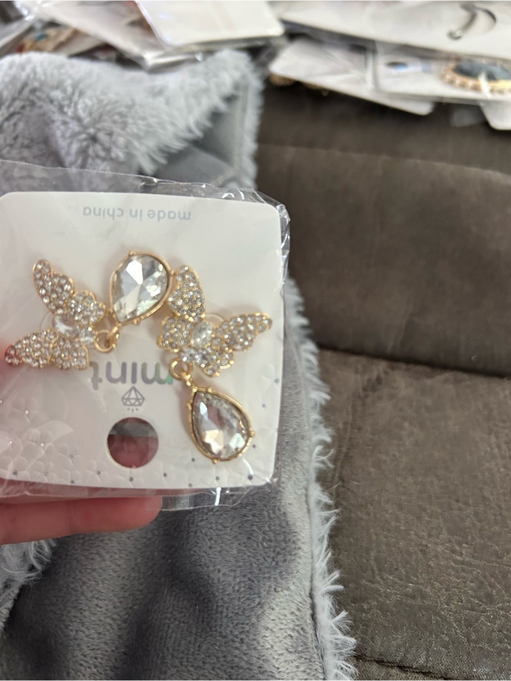 4/$50 butterfly gold dangle rhinestone earrings